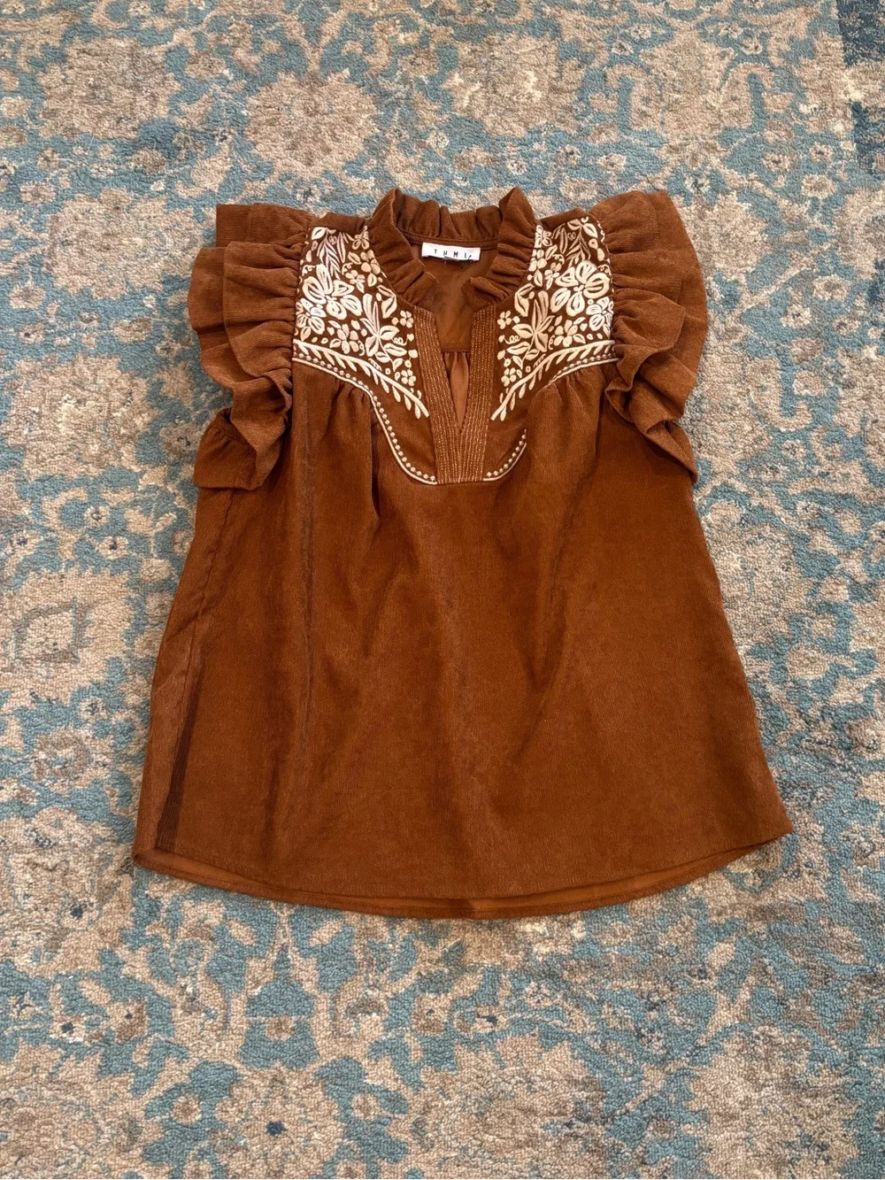 NWOT THML Anthropologie Flutter Sleeve Brown Corduroy Embroidered WesternTop Sm - Picture 3 of 5